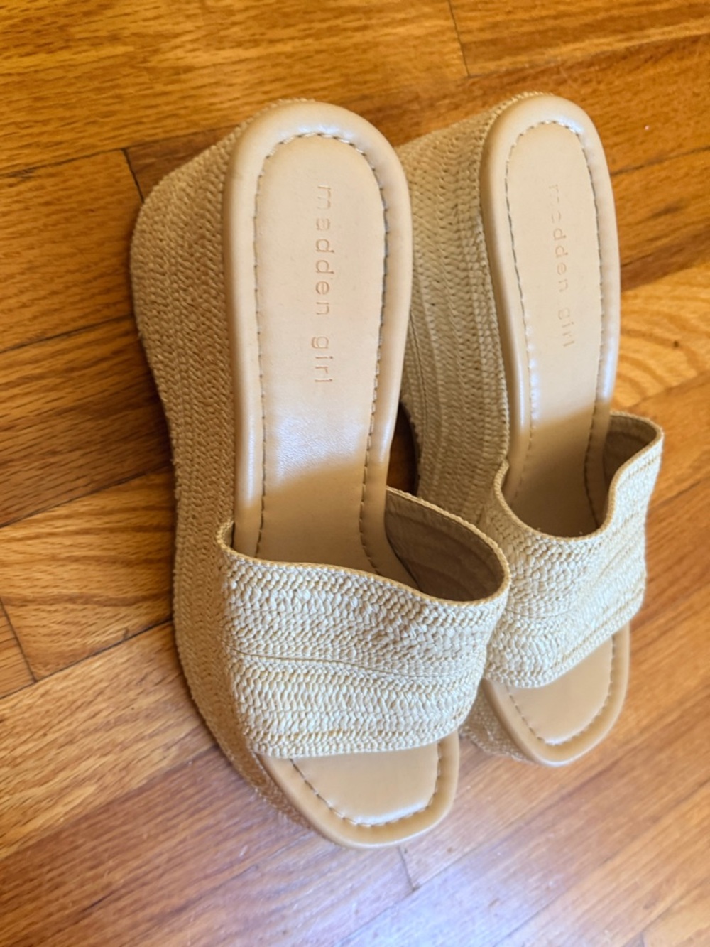 Madden Girl Tan Woven Platform Slide Sandals